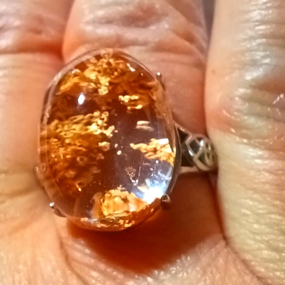 Golden phantom quartz ring adjustable size, handmade jewelry gemstone, silver